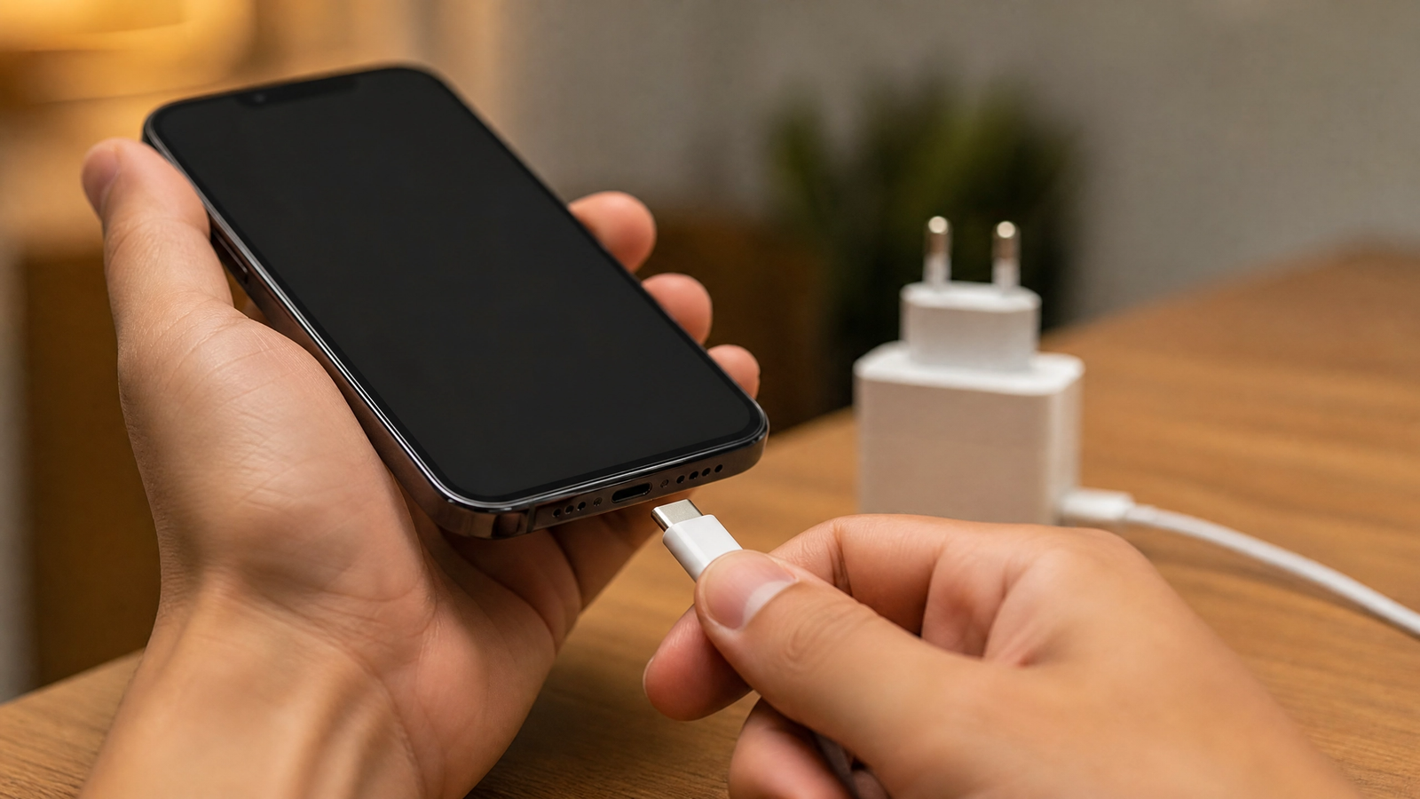 Mãos conectando cabo branco ao smartphone com carregador de 65W sobre mesa de madeira