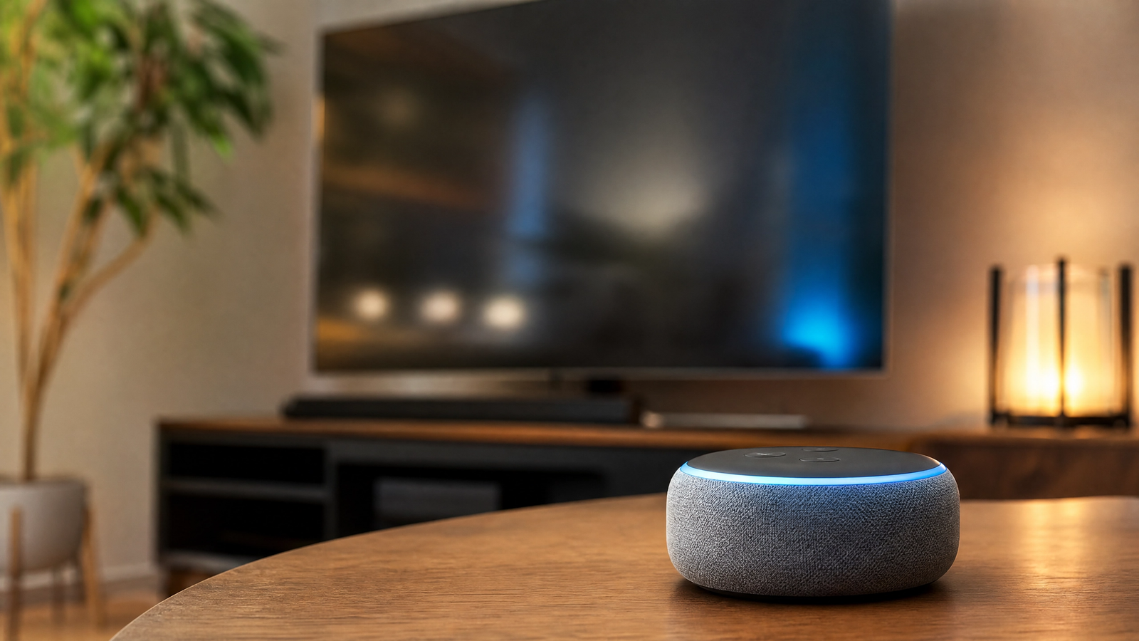 Alexa Echo Dot cinza com anel azul aceso sobre mesa redonda de madeira, TV ao fundo