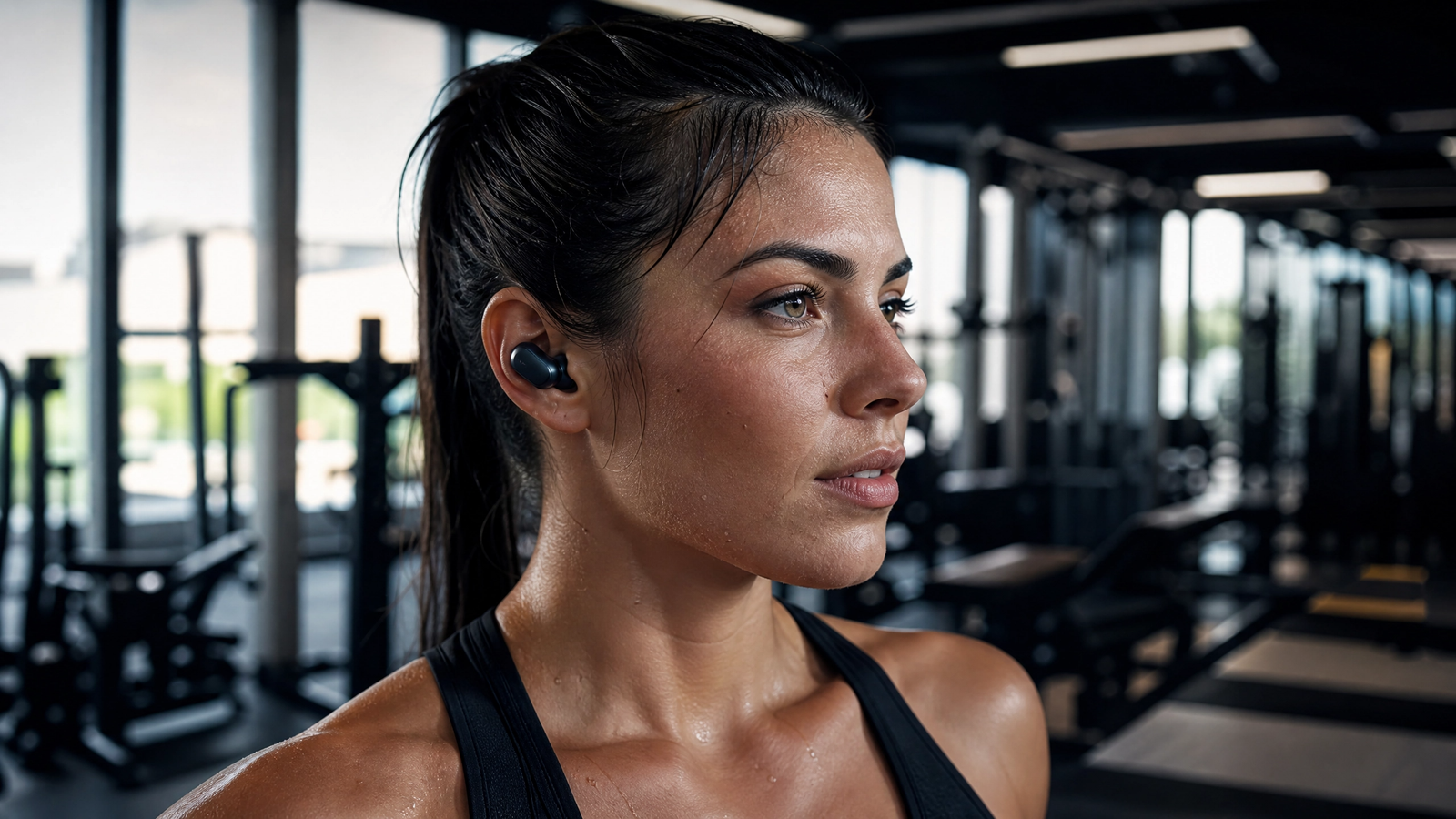 Fone intra-auricular preto na orelha de mulher em roupa de treino dentro da academia