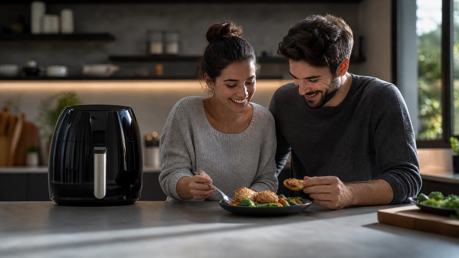 Casal sorridente à mesa da cozinha ao lado de air fryer preta com prato servido