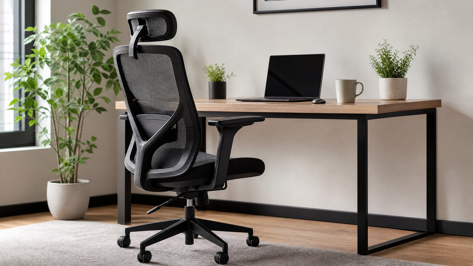 Cadeira ergonômica preta de tela diante de mesa com notebook, plantas e tapete claro