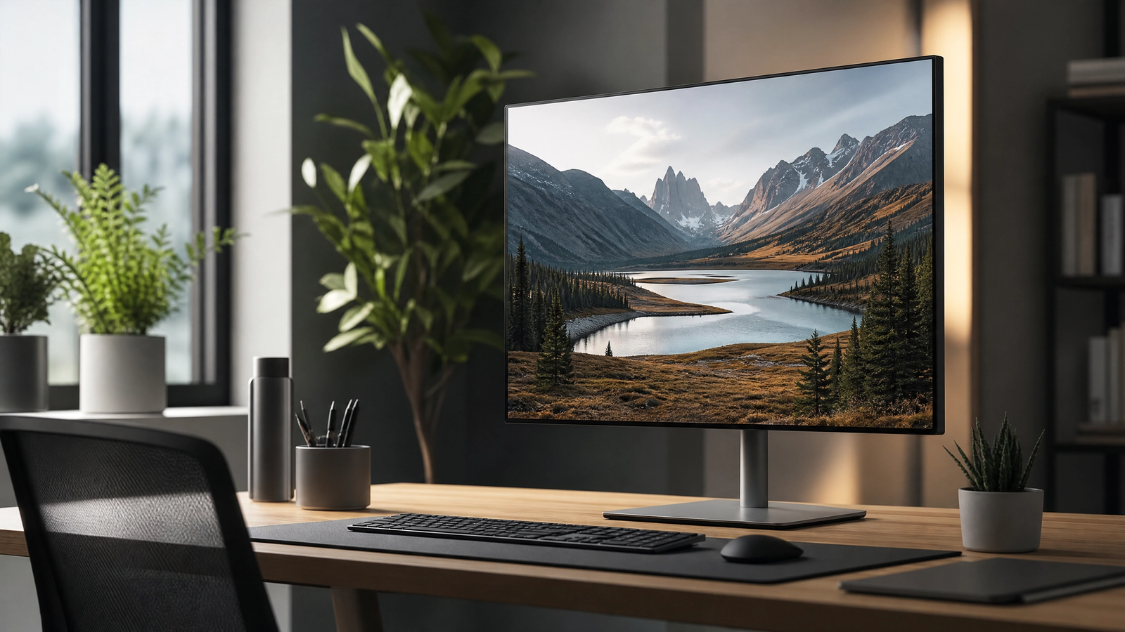 Monitor exibindo paisagem de montanhas em mesa de home office com teclado, plantas e cadeira