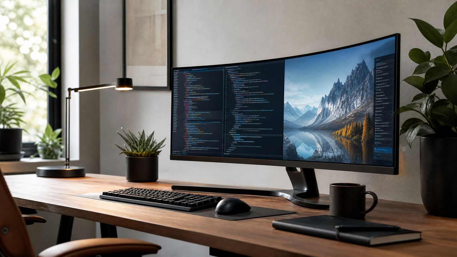 Monitor ultrawide curvo exibindo paisagem montanhosa sobre mesa de madeira com teclado e luminária