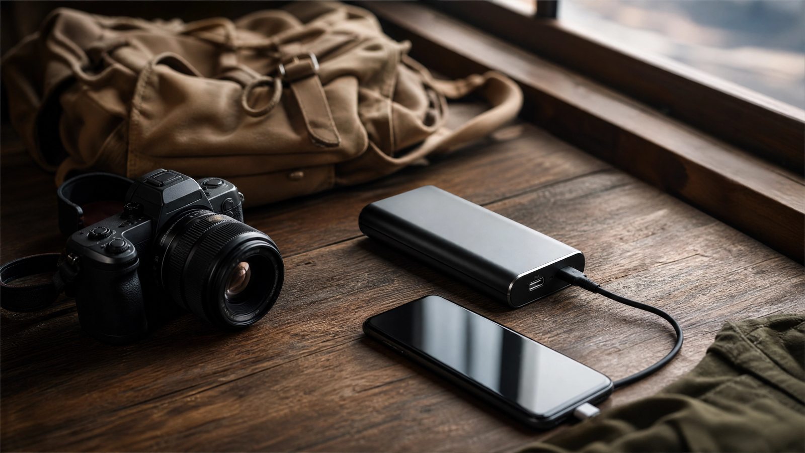 Power bank prateado carregando smartphone sobre mesa de madeira ao lado de câmera e mochila