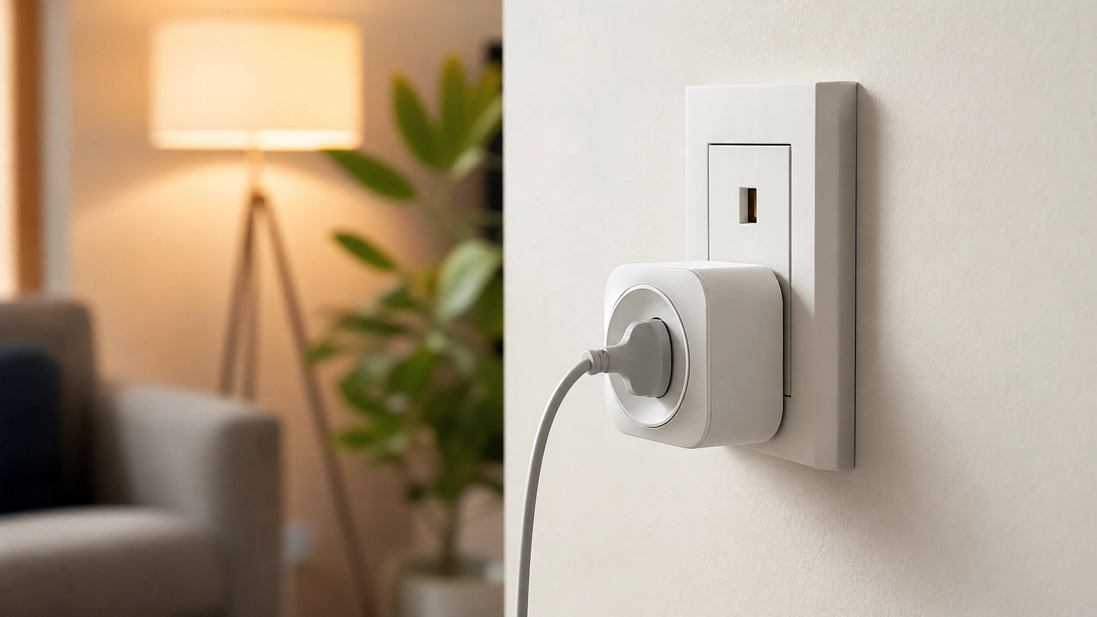 Tomada inteligente branca instalada na parede com cabo cinza conectado e abajur aceso ao fundo