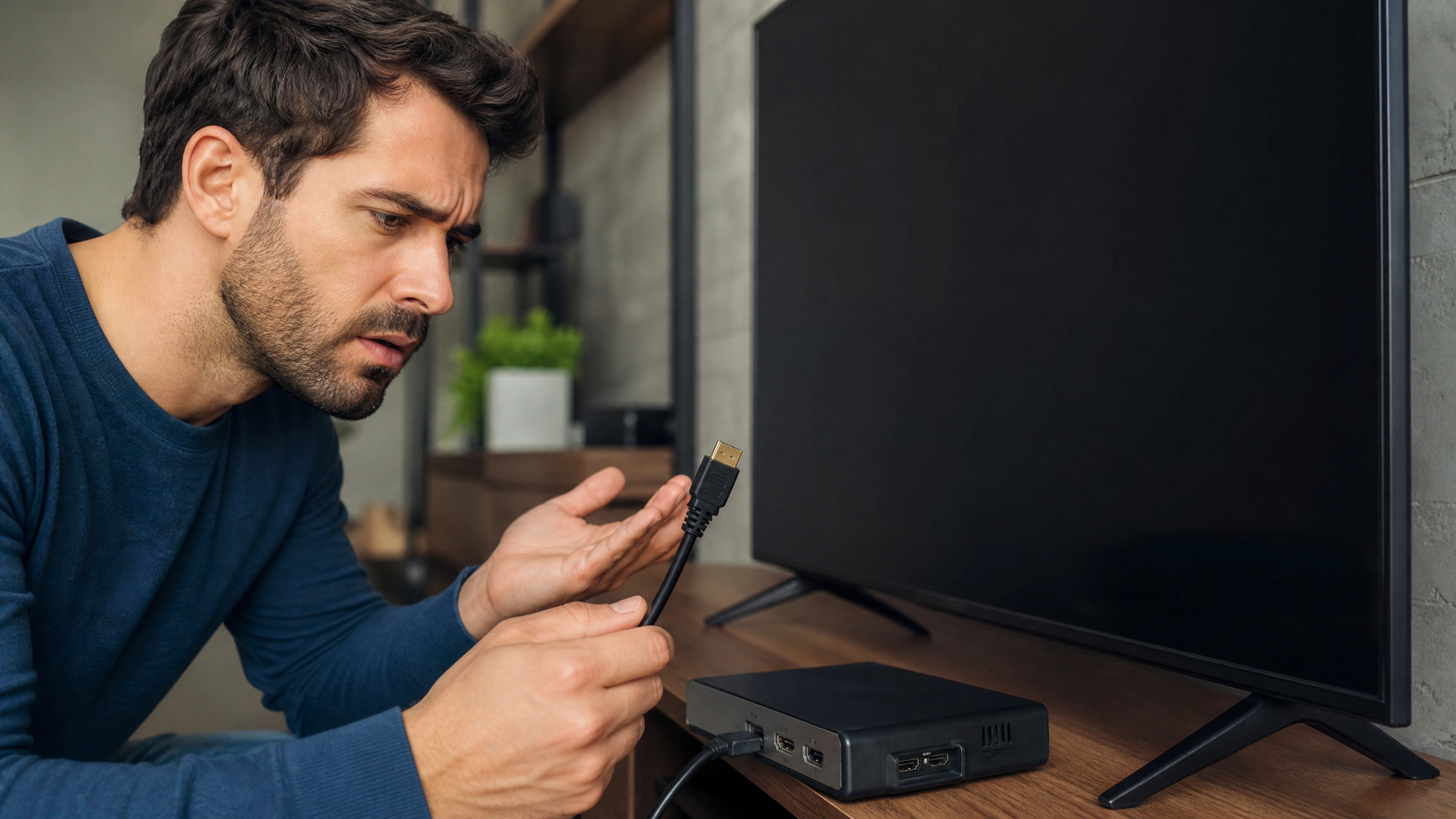 Homem de camisa azul segurando cabo HDMI diante de TV preta desligada sobre rack de madeira