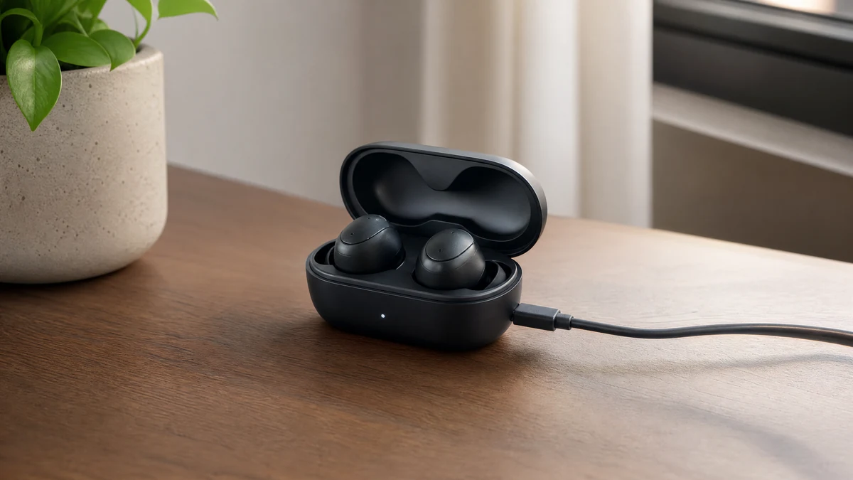 Estojo de fones sem fio aberto com cabo de carregamento conectado ao lado