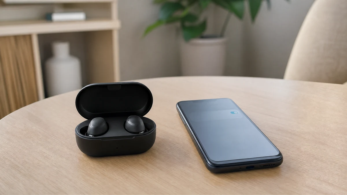 Estojo de fones sem fio aberto ao lado de celular na tela de conexao bluetooth