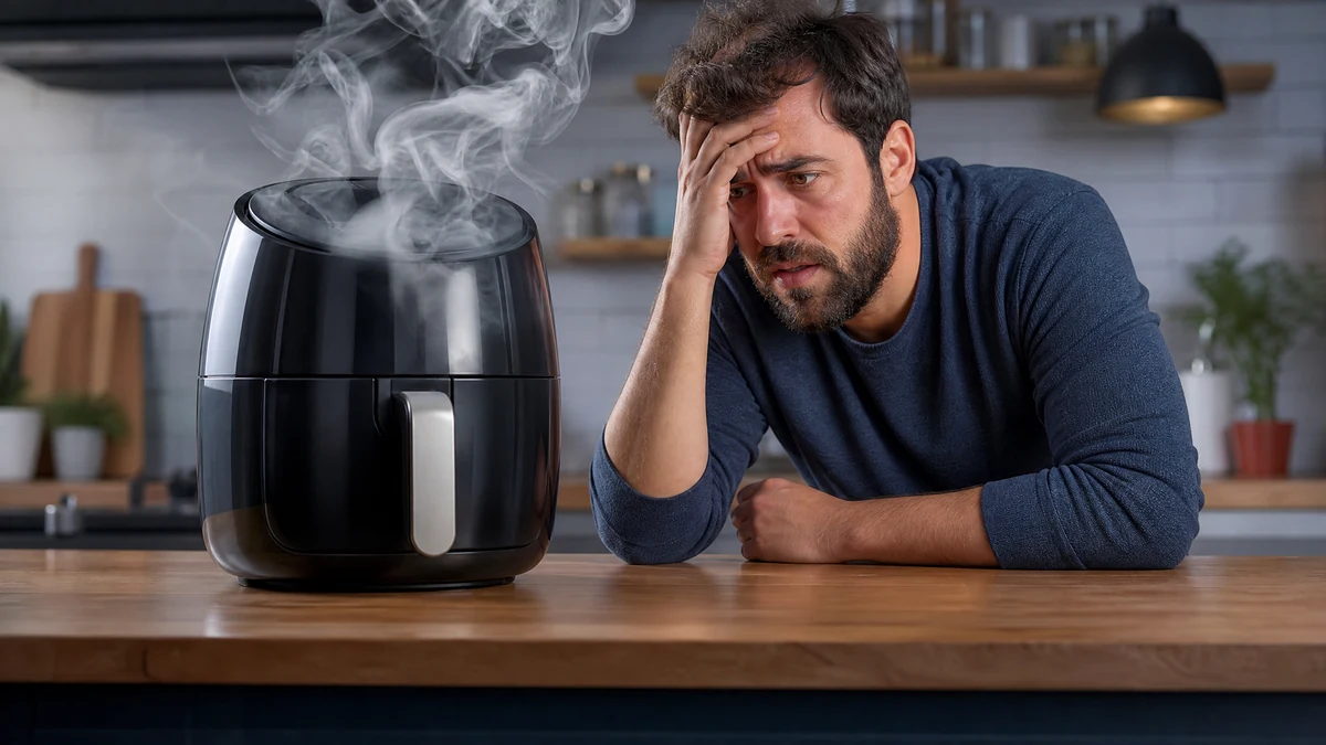Air fryer soltando fumaça na bancada da cozinha ao lado de homem preocupado