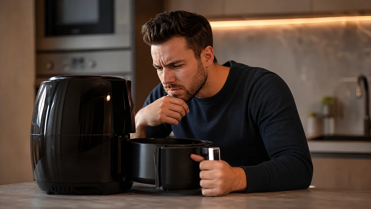 Air fryer aberta sobre bancada de cozinha com o cesto removido