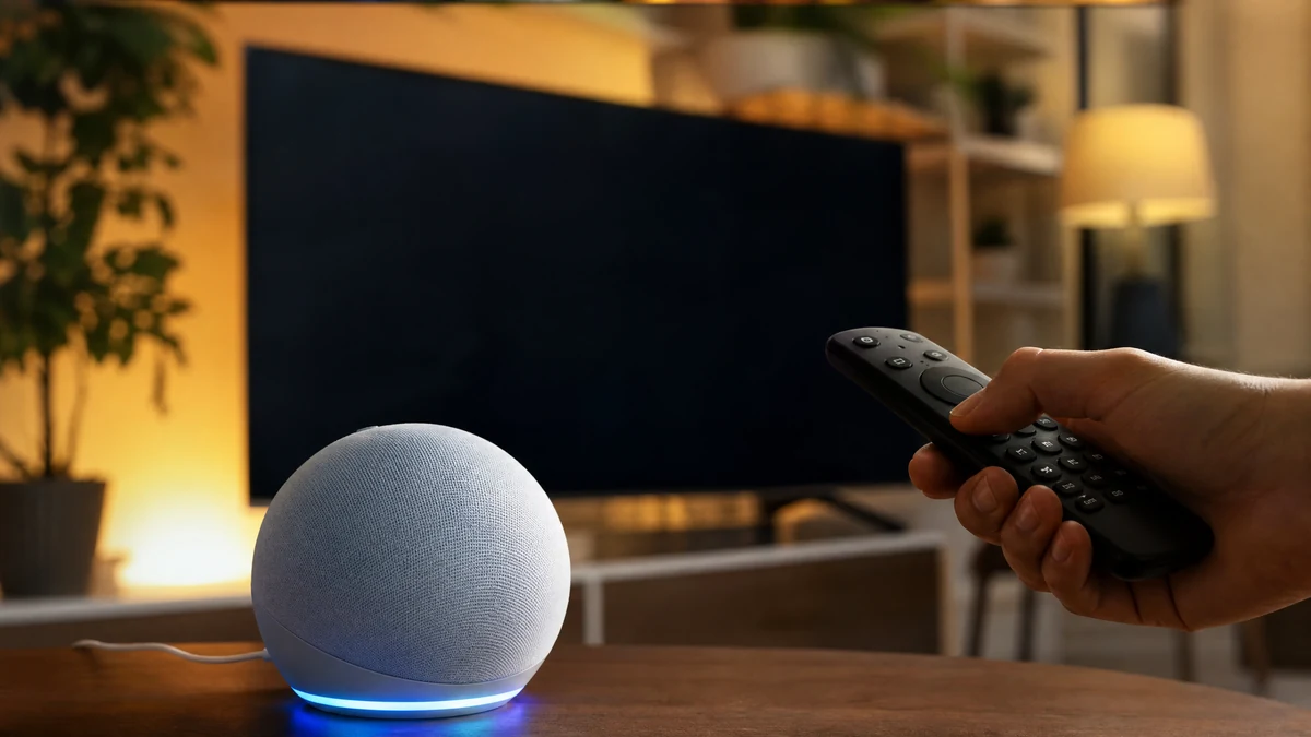 Echo Dot sobre mesa com televisão ao fundo e controle remoto na mão