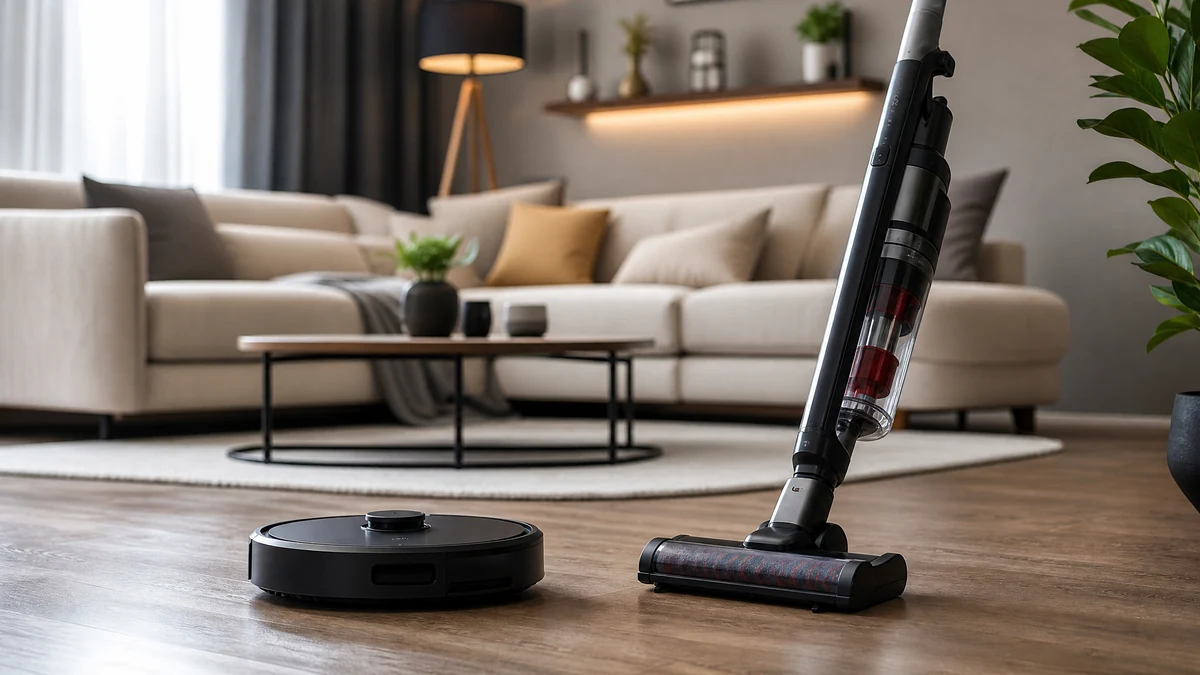 Robô aspirador e aspirador vertical em sala de estar com piso de madeira