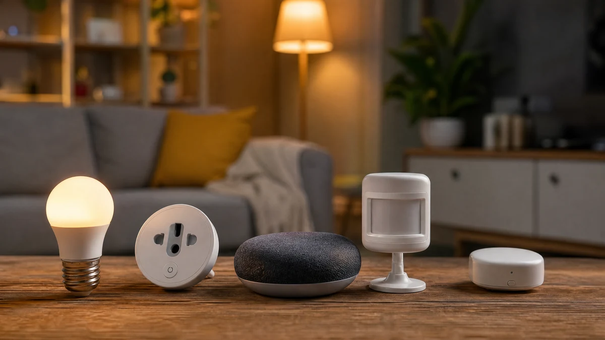 Lâmpada inteligente, tomada smart, assistente de voz e sensores sobre mesa