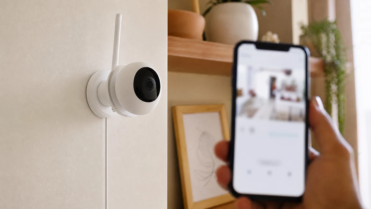 Camera de seguranca Wi-Fi branca instalada na parede interna da residencia