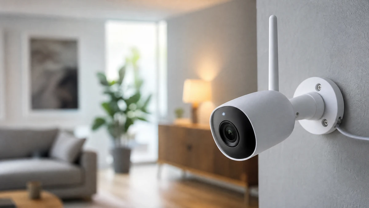 Câmera Wi-Fi doméstica ao lado de roteador em ambiente interno