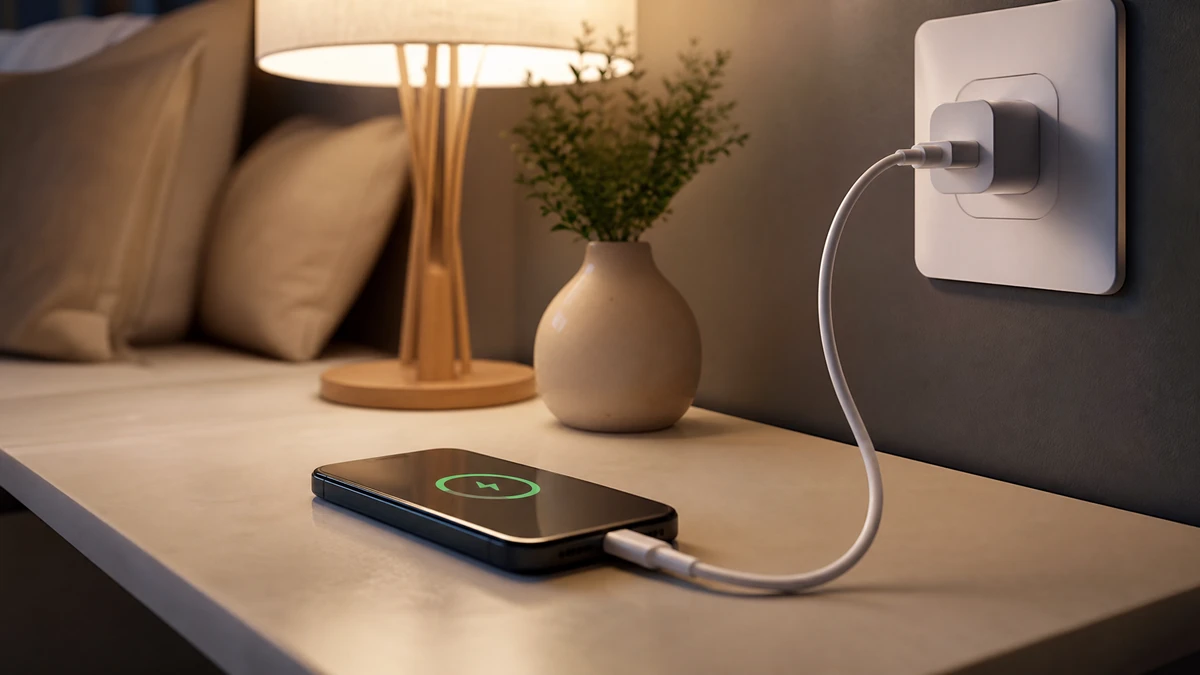 Smartphone carregando com carregador rapido de tomada sobre a mesa a noite