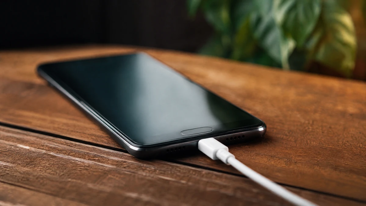 Celular conectado ao carregador exibindo carga em andamento