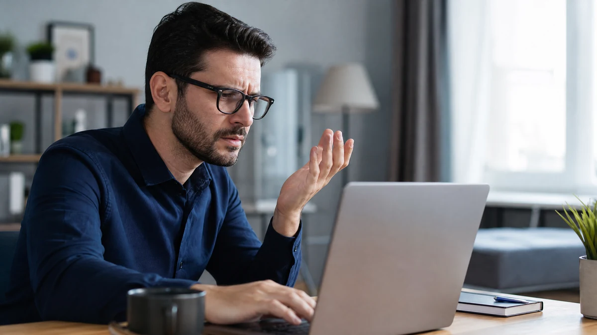 Homem de óculos com expressão de frustração diante do notebook em videochamada