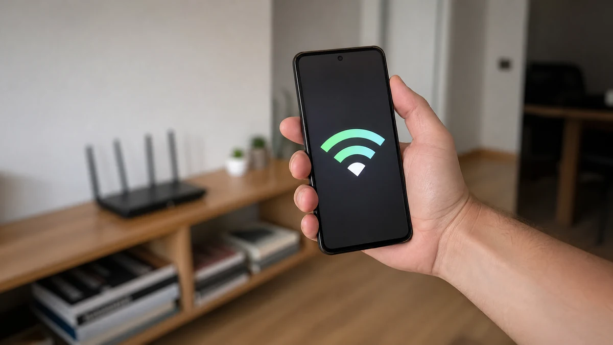 Pessoa medindo o sinal de Wi-Fi pelo celular em comodo distante do roteador