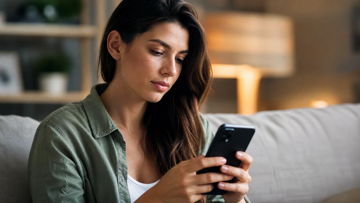 Mulher sentada no sofá conferindo o armazenamento do celular