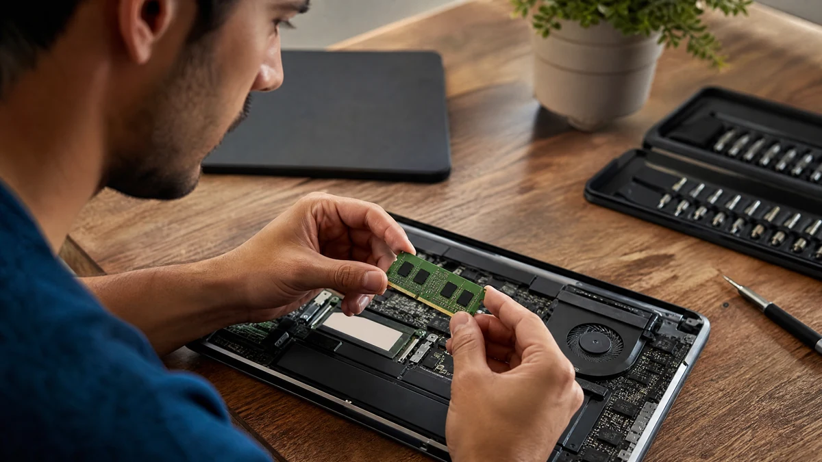 Homem instalando um módulo de memória RAM em notebook aberto sobre a mesa