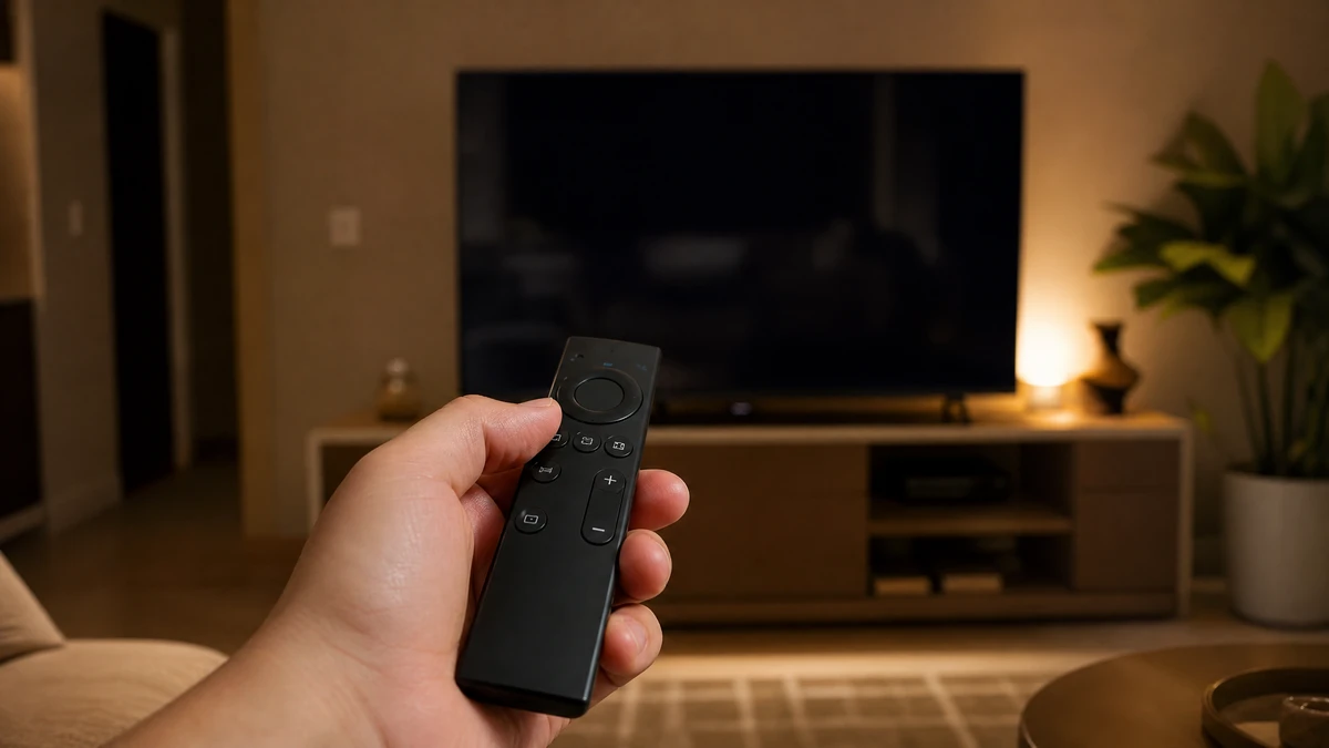 Mao segurando controle remoto de streaming apontado para a televisao a noite