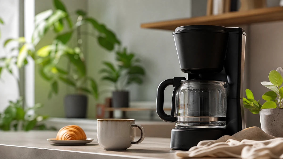 Cafeteira compacta preparando uma xícara de café em cozinha pequena