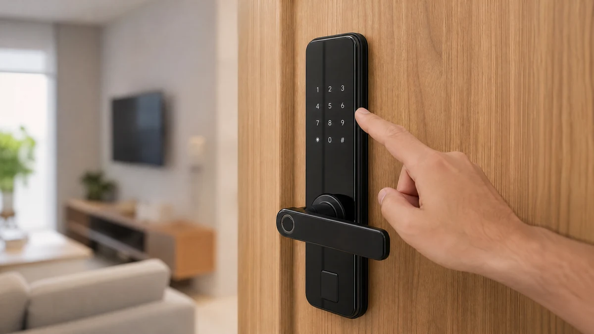 Fechadura eletronica com teclado numerico instalada na porta de um apartamento