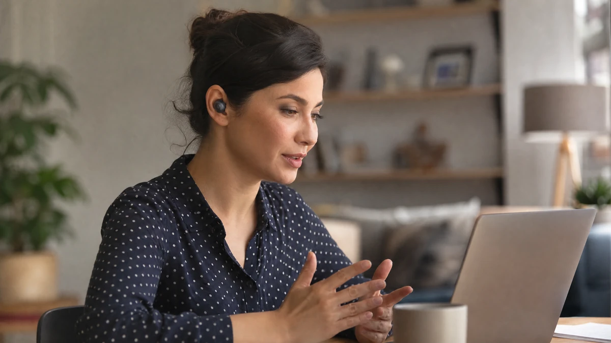 Fone de ouvido Bluetooth com haste de microfone usado em chamada de trabalho