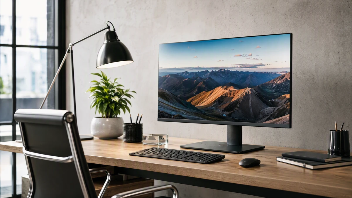 Monitor de 27 polegadas em mesa de trabalho com planilha na tela