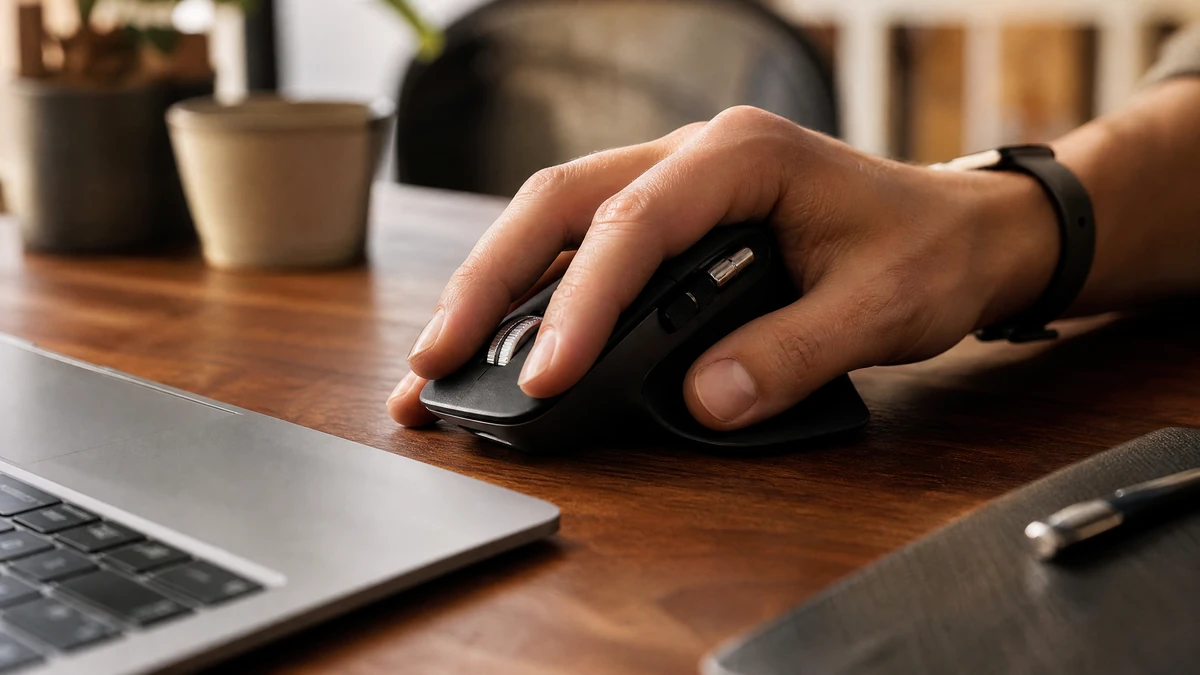 Mouse ergonômico vertical apoiado em mesa de trabalho