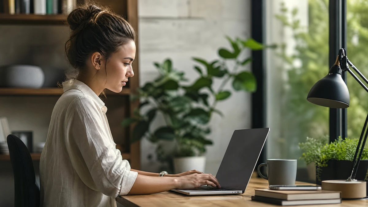Notebook aberto sobre mesa de home office com monitor externo e teclado