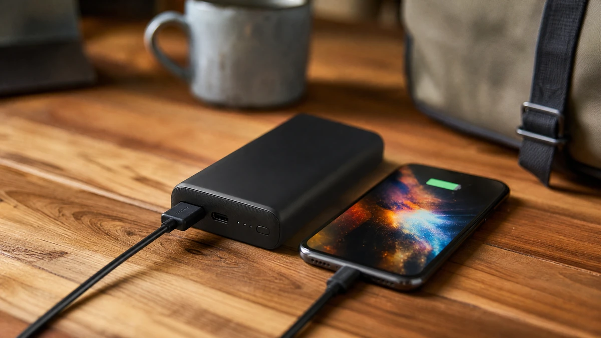 Power bank portátil carregando um celular fora de casa