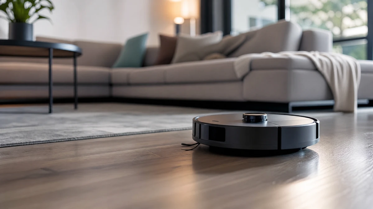 Robô aspirador com sensor de mapeamento limpando piso de sala