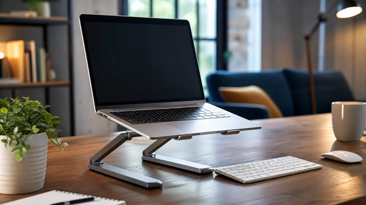 Notebook apoiado em suporte elevado ao lado de teclado e mouse externos