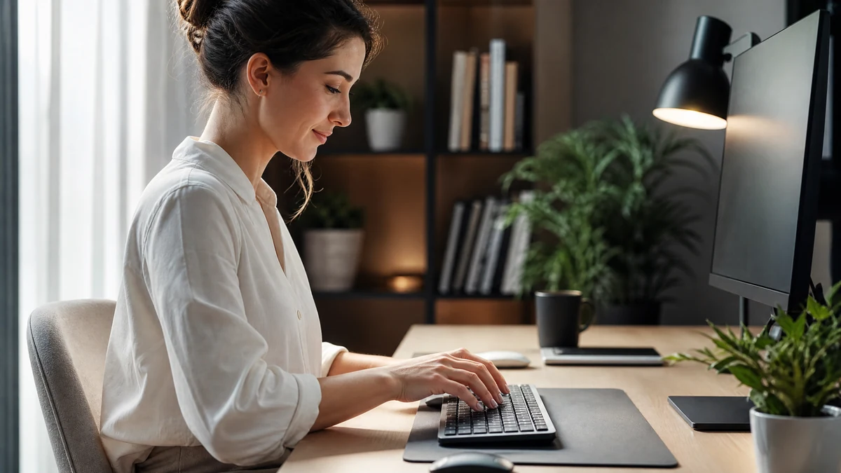 Mulher digitando em teclado silencioso em escritório doméstico