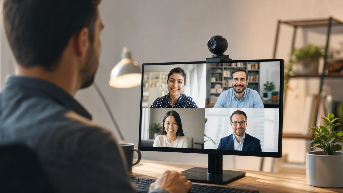 Webcam acoplada a monitor durante videochamada com quatro participantes