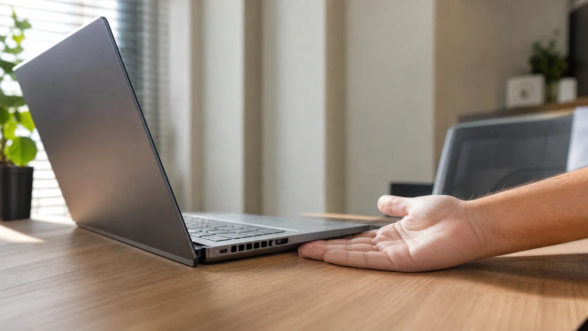 Mao sentindo o calor na base de um notebook com a ventilacao lateral em destaque