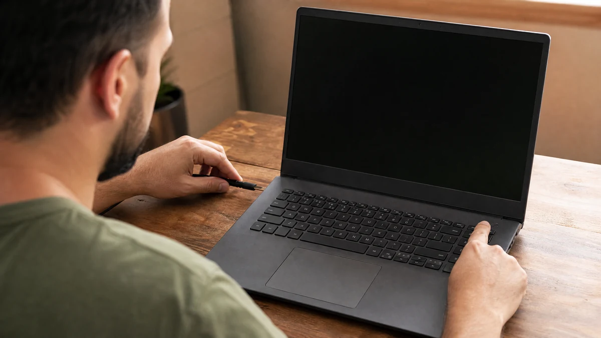 Homem conectando o carregador em um notebook com a tela apagada sobre mesa de madeira