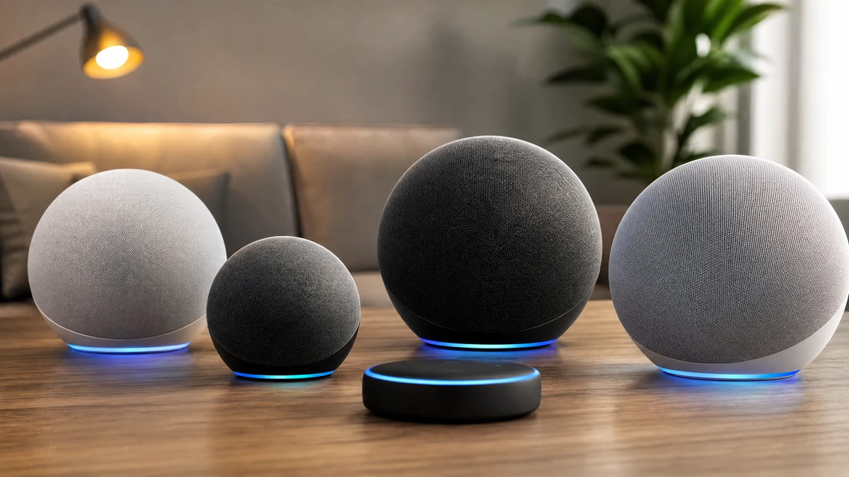 Quatro modelos de caixas de som Echo alinhados sobre mesa de madeira