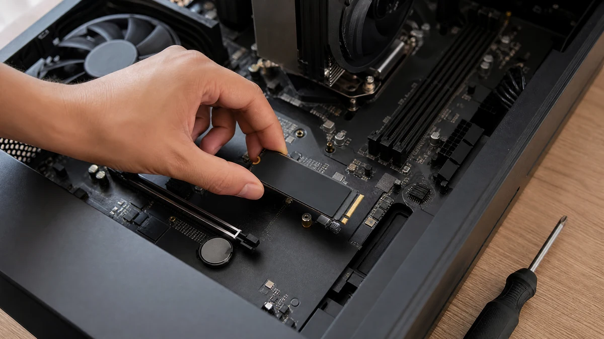 Placa SSD M.2 sendo encaixada na placa-mae de um computador de mesa aberto