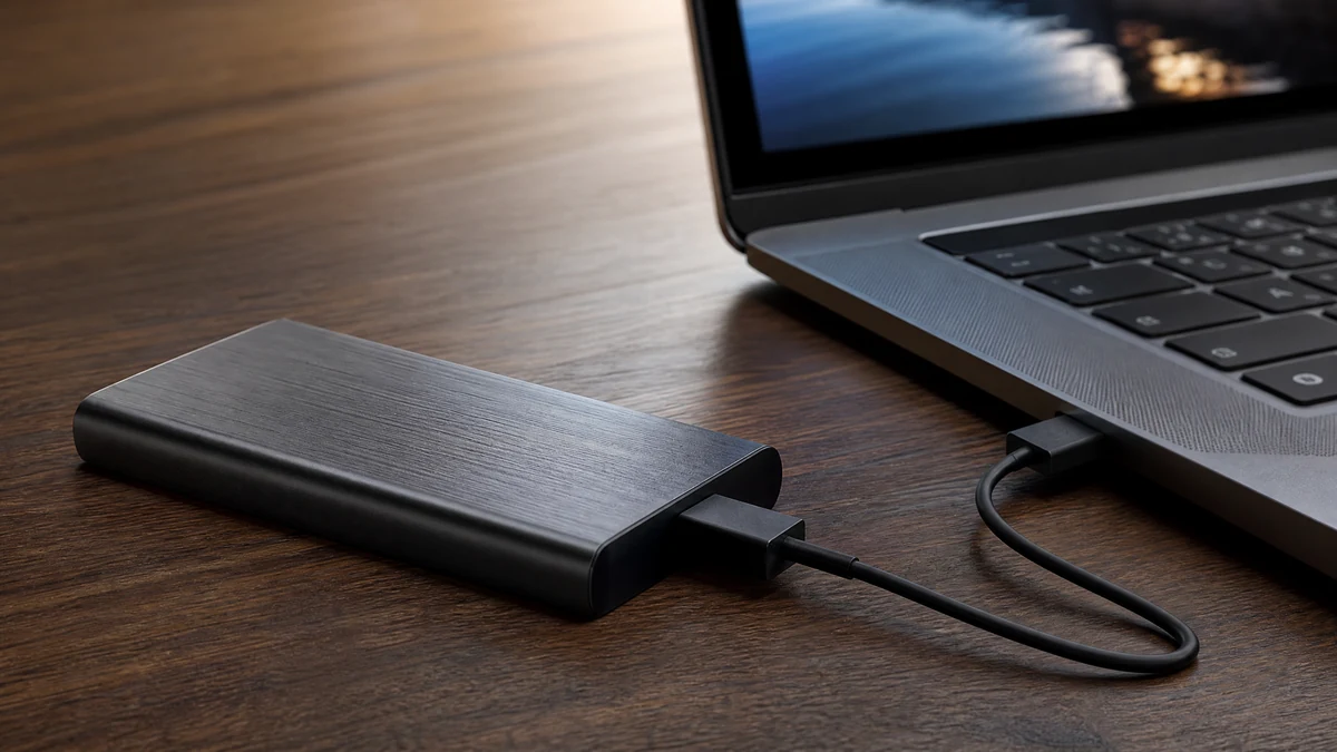 SSD externo compacto conectado por cabo a um notebook sobre mesa de madeira