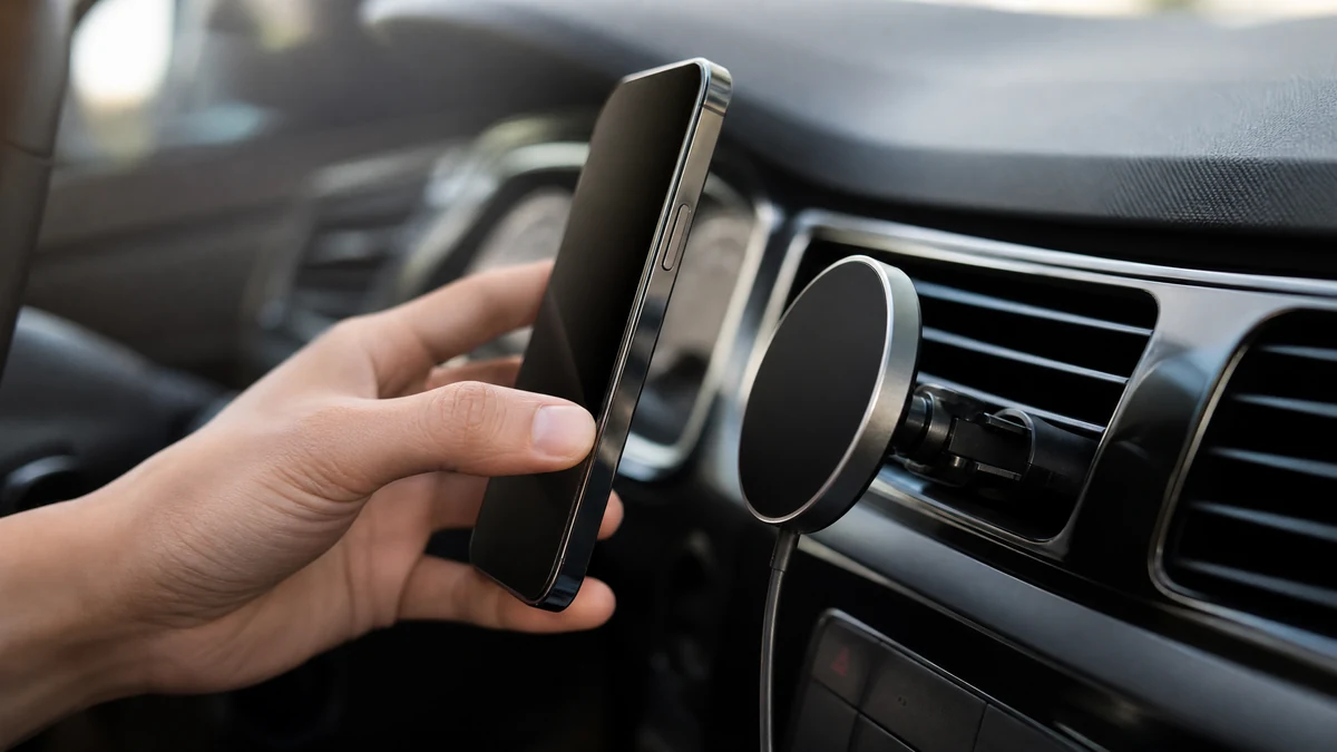 Mão aproximando celular de suporte magnético fixado na saída de ar do carro