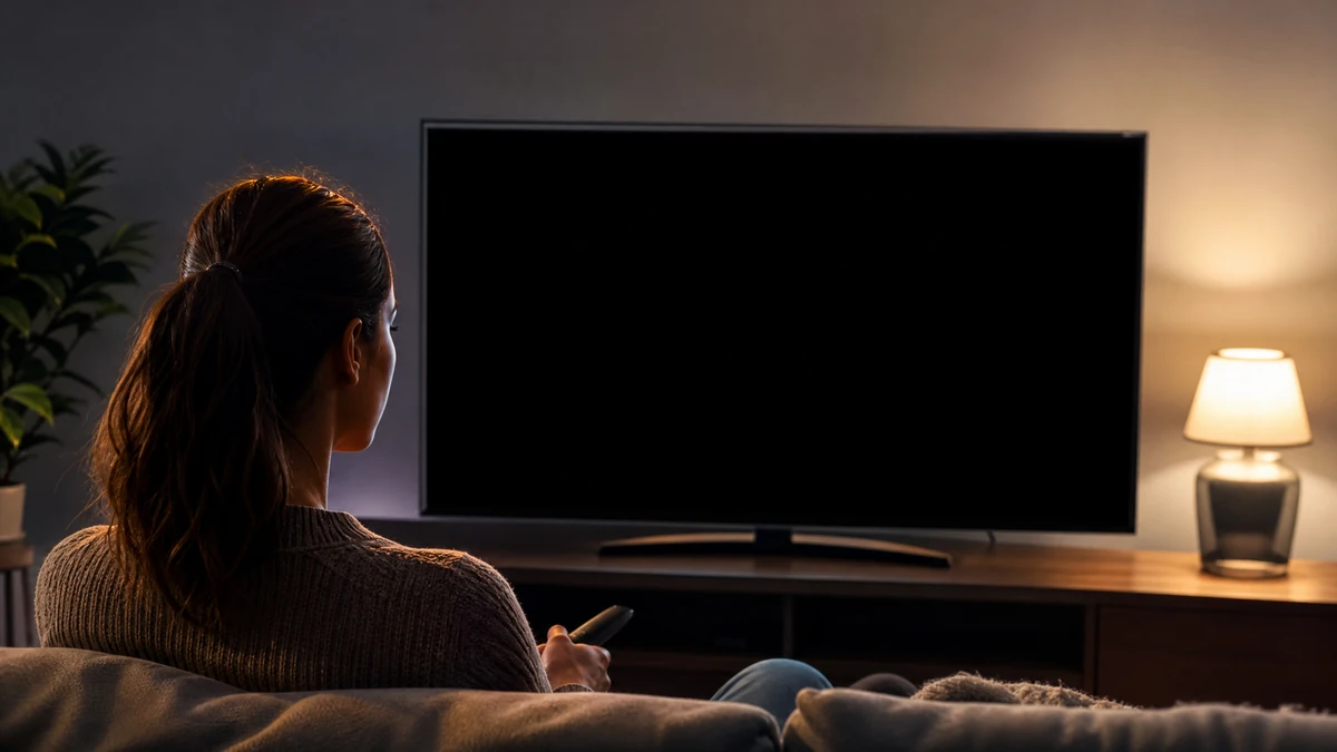 Televisor com tela preta ligado em sala de estar