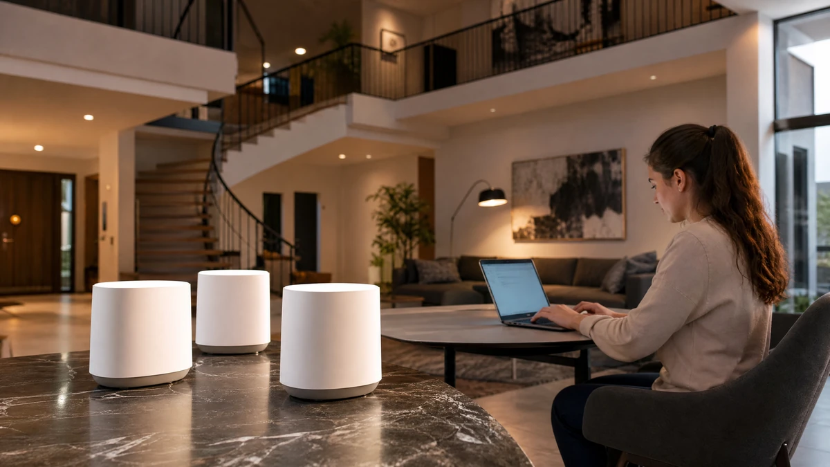 Nós de sistema Wi-Fi mesh distribuídos em uma casa ampla